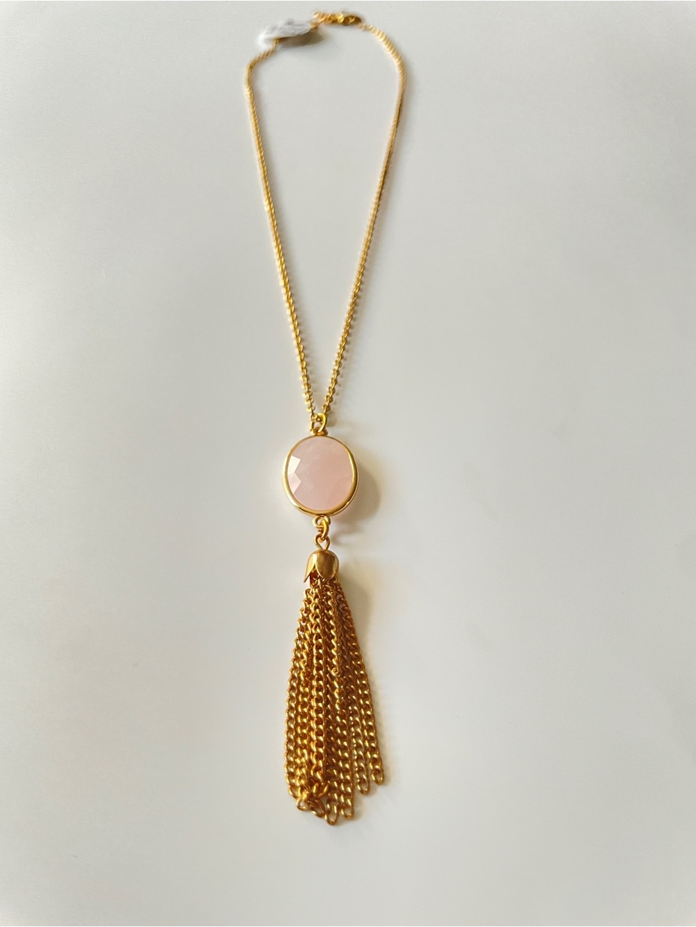 Gold Tassel Necklace with Pink MoonStone Pendant handmade Jewelry Gold Plated